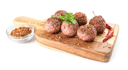 Wooden board with tasty meat balls, parsley and bowl of spices on white background