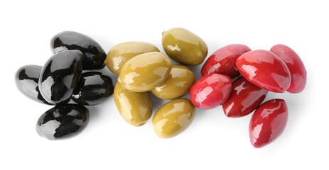 Different kinds of tasty olives on white background