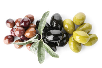 Different kinds of tasty olives on white background