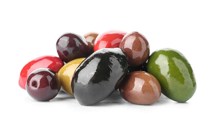 Heap of different tasty olives on white background