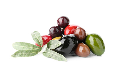 Heap of different delicious olives on white background