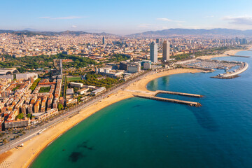 Fototapeta premium Aerial view of Ciutat Vella district with Barceloneta beach Spain