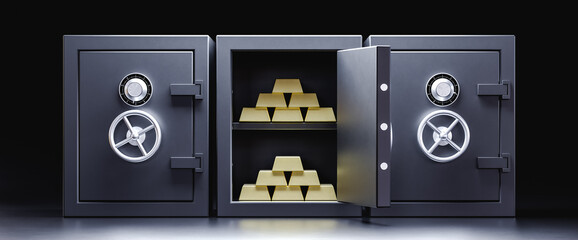 Strongboxes with gold bars in bank