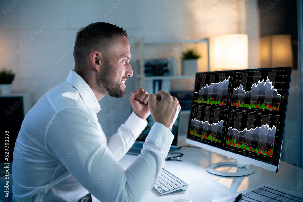 Poster successful stock market trader looking at graphs
