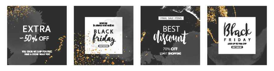 Set of sale banners with grunge elements, brush strokes and handwritten inscriptions. Black Friday sale banners. Vector illustrations of mobile website banners, posters, ads, coupons.
