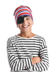 Fototapeta premium Little boy dressed as pirate on white background