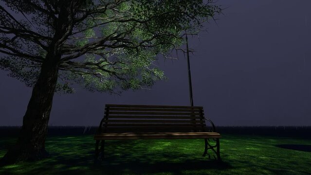 Autumn rain in the park on a lonely bench under a lantern. 3D Render