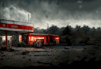 3D rendering of an abandoned car gas station