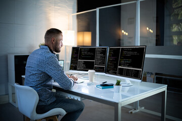 Computer Programmer Writing Program Code On Computer