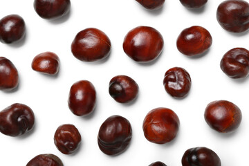 Fresh chestnuts on white background, top view
