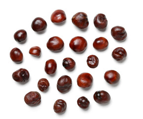 Fresh chestnuts on white background, top view