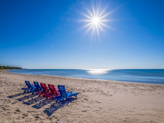 Chairs on Lake Michigan Beach in Village of Jacksonport in Door County Eisconsin USA