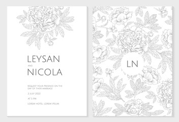 Set of wedding invitations. Graphic contour peonies. Hand drawn floral pattern.