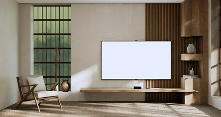 Cabinet wooden design on modern room japanese wabi sabi style.3D rendering