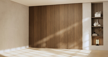 Architecture and interior concept Empty room and wood panels wall background 3D illustration rendering.