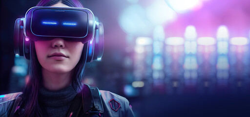 Portrait of a girl against the backdrop of a night neon city in VR glasses with wires. Science fiction, virtual reality style 3d illustration