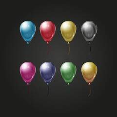 Obraz premium Balloon set isolated on transparent background. Vector realistic gold, bronze, golden rose, silver, white, and black festive 3d helium balloons template for anniversary, birthday party design