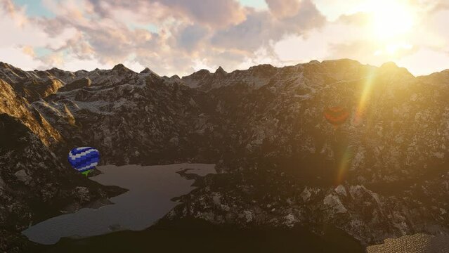 Hot air balloons in the mountains at dawn.3D Render