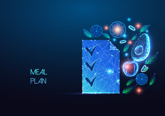 Concept of Meal Plan, Food list with fruits and vegetables and paper document symbols on dark blue 