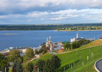 View from the Fedorovsky Embankment of the Nativity Church and the Volga Shipping Company, Nizhny...