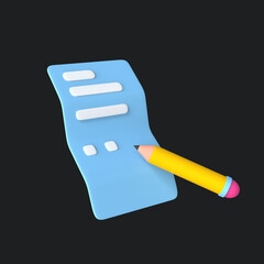 Pencil Writing on White Paper Taking Note document 3d rendering pastel color illustration
