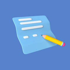 Pencil Writing on White Paper Taking Note document 3d rendering pastel color illustration