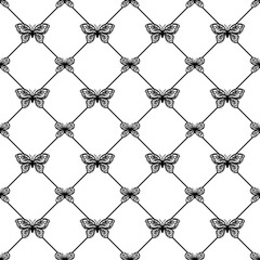 Naklejka premium Seamless mesh pattern with butterflies, vector illustration with insects, print for fabric and other surfaces.