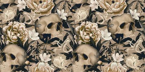 Vintage floral seamless wallpaper with skulls, peonies, butterflies. Dark botanical background. Repeating pattern for design of fabric, paper, wallpaper, canvas. Hand drawn 3d illustration