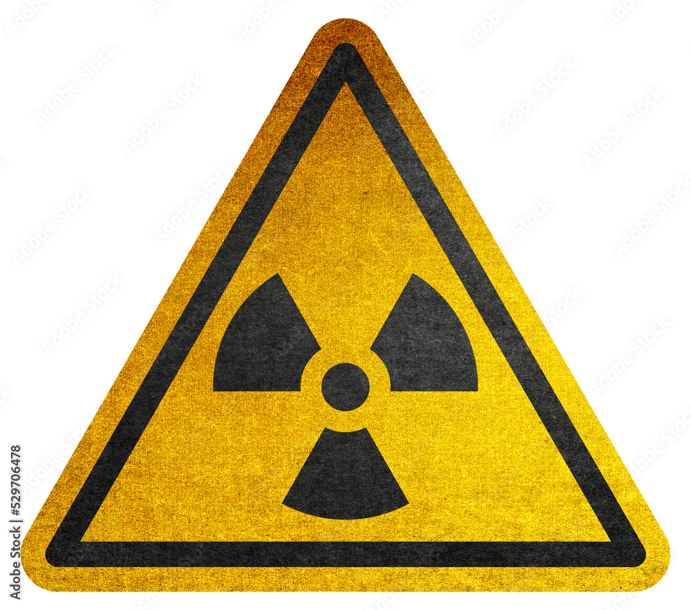 Wall mural yellow triangular sign. grungy style danger sign with radioactive warning sign. rusty. warning. caut