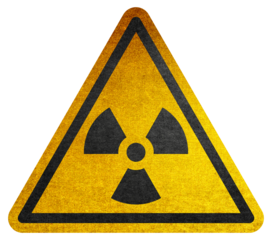 Yellow triangular sign. Grungy style danger sign with radioactive warning sign. Rusty. Warning. Caution. Hazard. Danger. Worn out. Radioactivity symbol. Atomic. Atom.