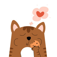 Kitten eats cookies, funny cat illustration, cute kitty and cookies, funny cat on white background, delicious cookies