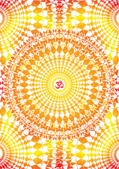 Openwork mandala with aum / om / ohm sign in the center. Yellow and orange colors. Vector graphics.