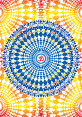 Openwork blue mandala with aum, om, ohm sign in center. Abstract background with circles. Vector graphics.