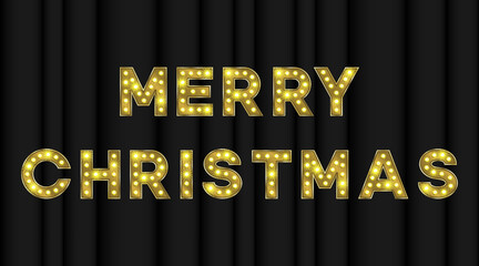 Merry Christmas marquee letters. Gold vintage text effect in 3d. Neon text for show time