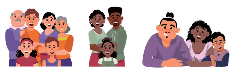 Collage with illustrations of happy families on white background. Banner design