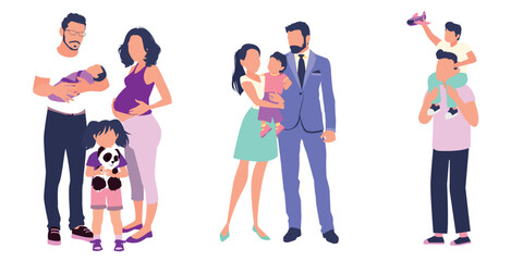 Fototapeta premium Collage with illustrations of happy families on white background. Banner design