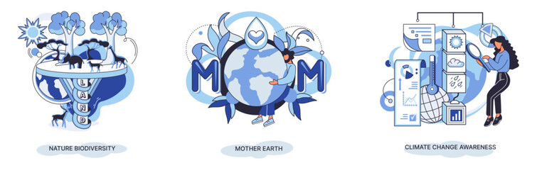 Change climate awareness, saving planet, World Environment Day, global warming ecological problems. Mother Earth day, nature biodiversity metaphor set. Care for surroundings eco concept