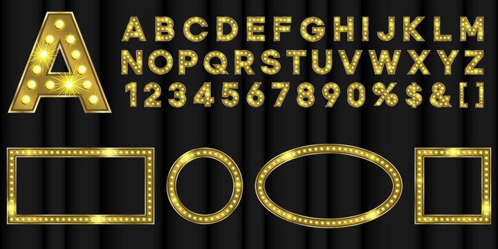 Gold letters with light text effect. Marquee 3d font with lamp lit. Geometric vintage frames