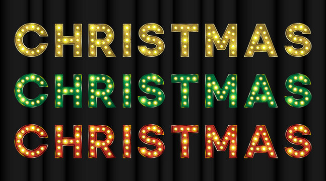 Christmas title in gold, red and green with bulb light effect. Vintage 3d text for Vegas show or circus banner