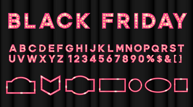 Pink Black Friday Bulbs Light Effect. Movies Night Shiny Letters. Vintage Text With Led Lit