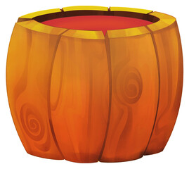 cartoon scene with wooden barrel with colorful pain in it isolated illustration for children