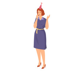 Happy Birthday party at home with friends. Joyful woman in festive cap on head celebrating holiday. Congratulations to friend. Fun birthday with festive greeting event, gladness and joy celebration