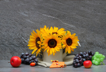 Herbstliches Stillleben, Sonnenblumen mit Trauben und Äpfeln vor eiener grauen Wand.