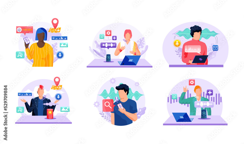Poster voice assistant. smart speaker virtual assistant, sound robot, people using voice controlled smart s