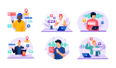 Fototapeta premium Voice assistant. Smart speaker virtual assistant, sound robot, people using voice controlled smart speaker. Voice activate digital assistant identification control contactless mobile device microphone