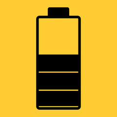 Half battery illustration. Black and yellow colors. Vector icon.