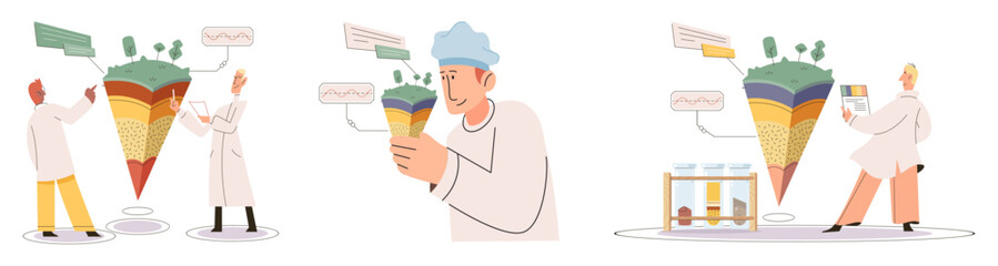 Soil analysis and earth pollution metaphor or structure control. Nutrients microorganism composition research ground layer structure sample. Soil laboratory test. Scientist measuring levels status