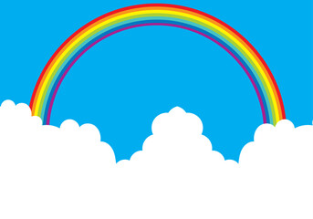 ハッピーなイメージのシンプルな背景イラスト　青空と白い雲と虹 - obrazy, fototapety, plakaty