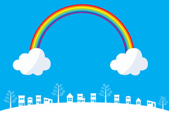 ハッピーなイメージの街、タウン住宅のシンプルな背景イラスト　青空と白い雲と虹