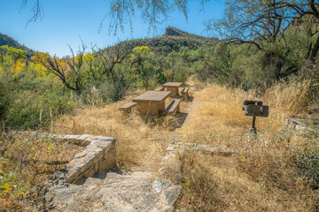 Two picnic tables on a campground in Sabino Canyon State Park, Tucson, Arizona